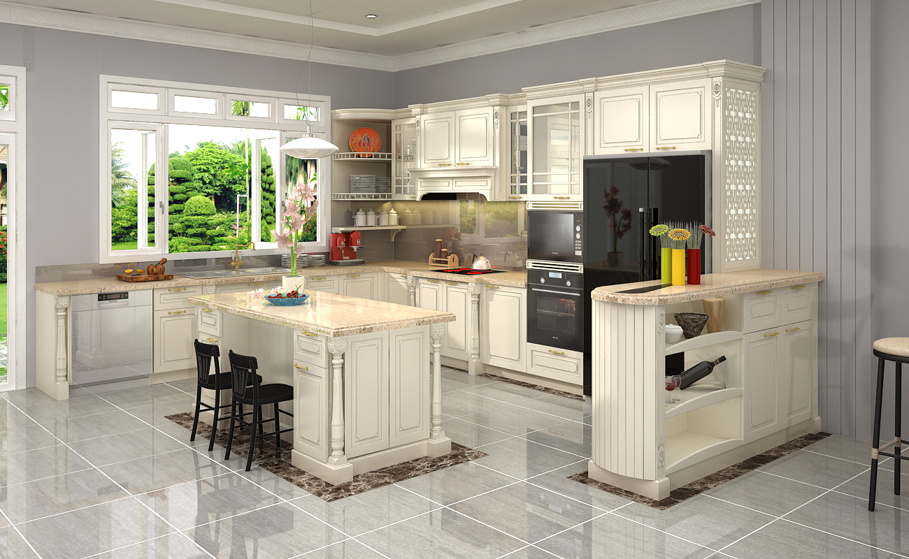TỦ BẾP TÂN CỔ ĐIỂN - GỖ SỒI MỸ SƠN TRẮNG KEM